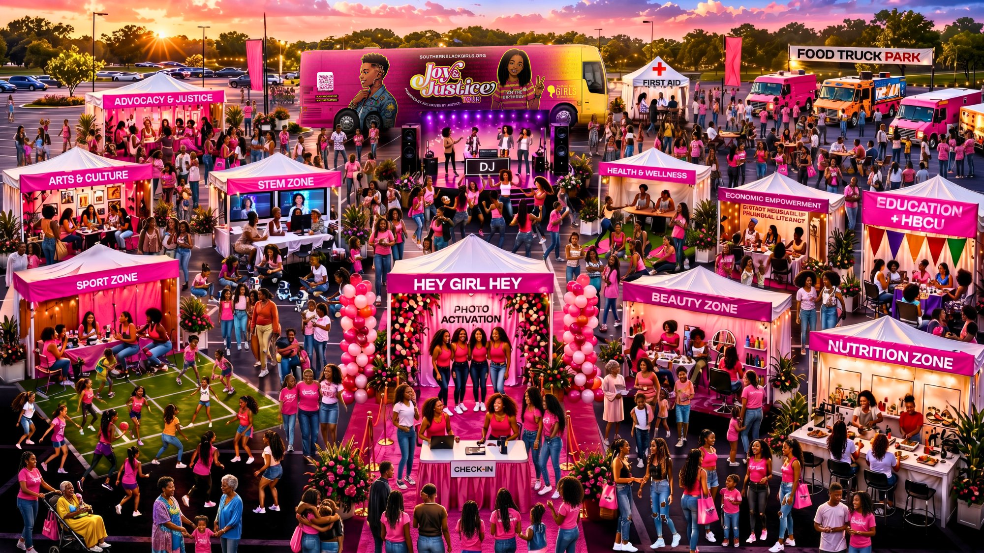 Joy and Justice Tour event mockup showing nine activation zones — Advocacy and Justice, Arts and Culture, STEM, Health and Wellness, Economic Empowerment, Education and HBCU, Sports, Beauty, and Nutrition — with a main stage, photo activation, food trucks, and first aid tent